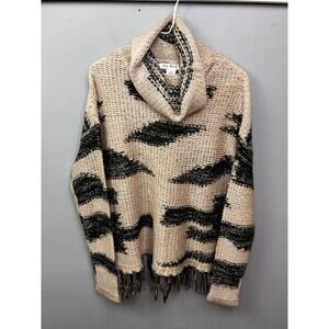 SAY WHAT Cowlneck‎ Sweater Womens Large Open Knit Fringe Tan Black Slouchy